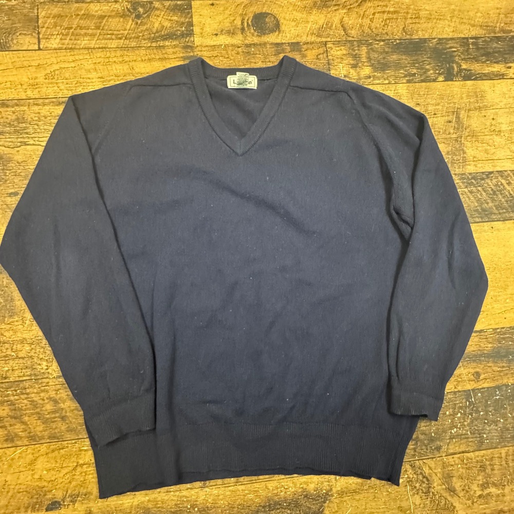 LLBean Mens Tall XL V Neck Pure New Wool Lambswool Sweater Navy Blue Scotland‎